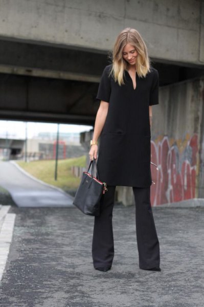black tunic dress with flared trousers