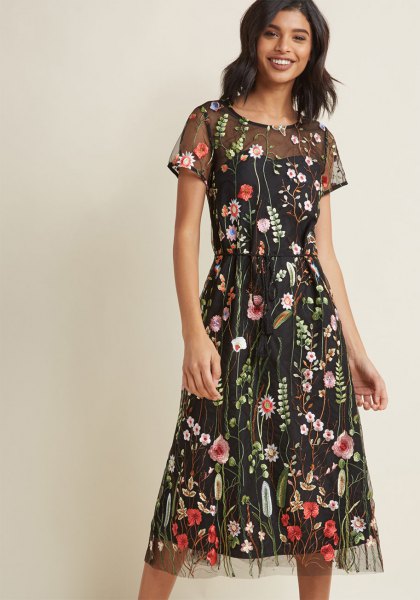 black, two-layer, semi-transparent, floral flared mini dress