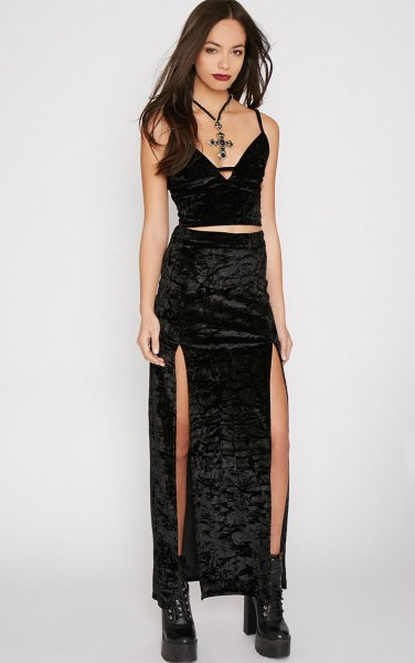 black two-piece velvet dress with double slit