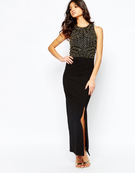black two-tone, form-fitting, form-fitting maxi dress