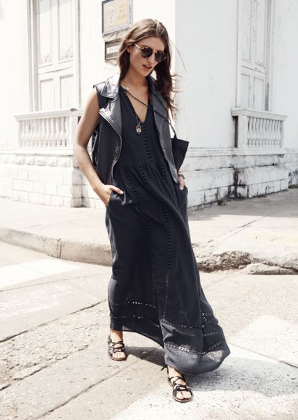 black airy maxi dress outfit with V-neck