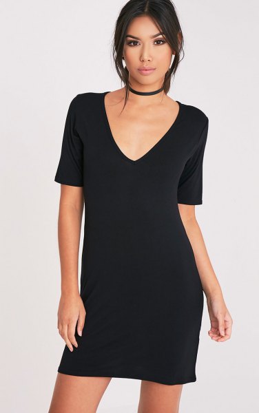 black t-shirt dress with V-neck and collar