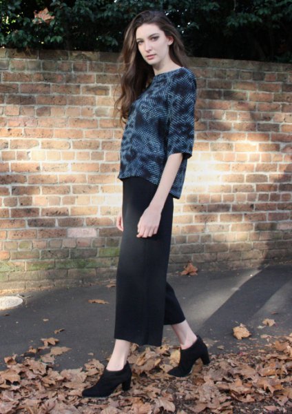 black velvet top with maxi skirt and ankle boots with heels