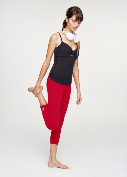 black vest top red leggings yoga outfit