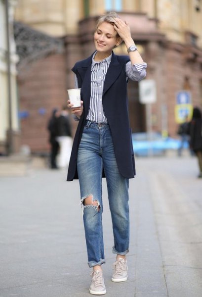 black waistcoat vertical striped shirt jeans with buttons