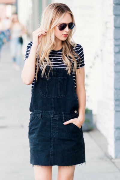 black washed jeans overall dress striped T-shirt