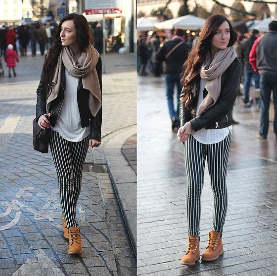 black and white leggings leather jacket boots