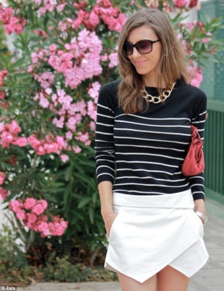 black and white striped sweater white skort