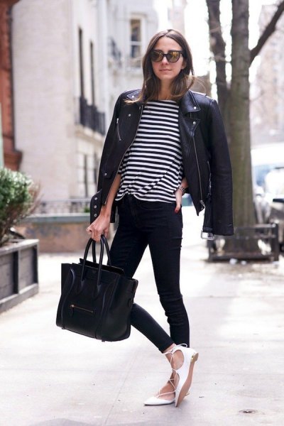 black and white striped t-shirt with moto jacket and strappy ballerinas
