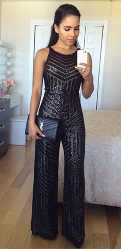black, sparkling jumpsuit with wide legs