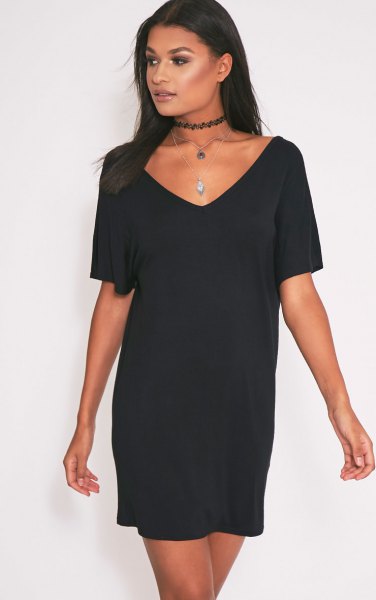 black t-shirt dress with wide V-neckline and choker necklace