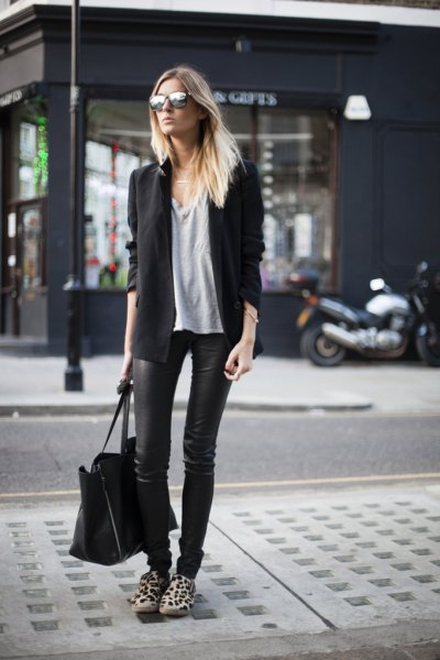 black wool blazer with waxed skinny jeans