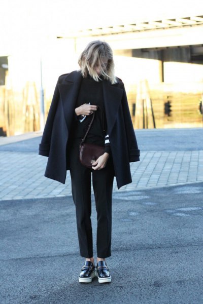 black wool coat with imitation sweater and leather loafers
