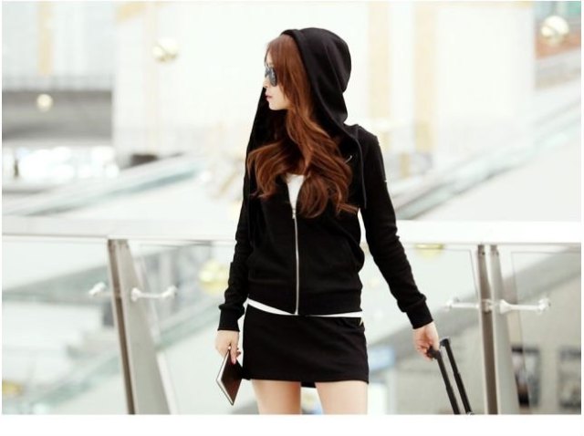 black hoodie with zipper and matching mini skirt