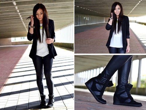 Blazer jacket with white chiffon T-shirt and black leather platform sneakers