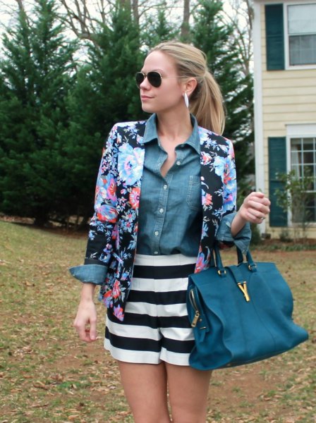blue and black floral blazer with a chambray shirt and striped, flowing shorts