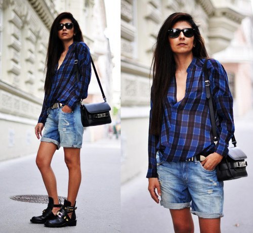 blue-black checked shirt with tied boyfriend shorts