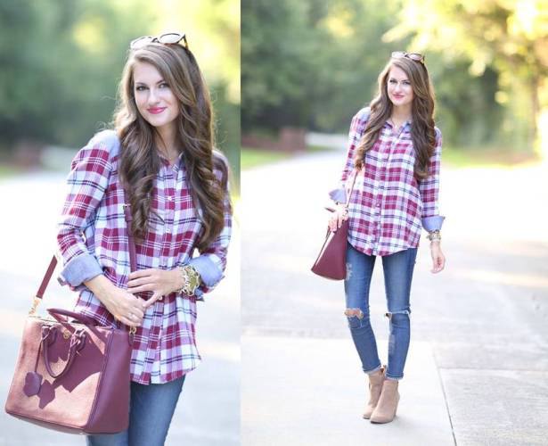 blue and red plaid shirt with ripped skinny jeans