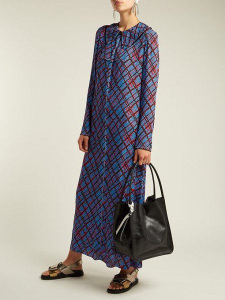 blue and gray checked maxi dress with button placket and black wallet made of soft leather