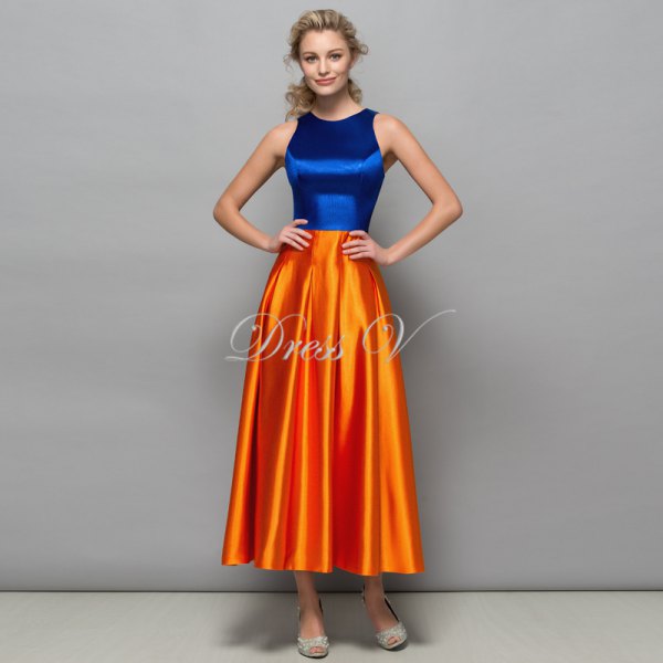 blue and orange silk color block fit and flare maxi dress