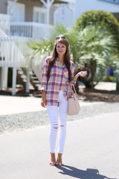 blue-pink plaid shirt with thin white jeans