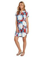 blue and red floral printed mini short-sleeved luau dress