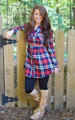 Knee-high leather boots made from blue and red checked ivory tunic