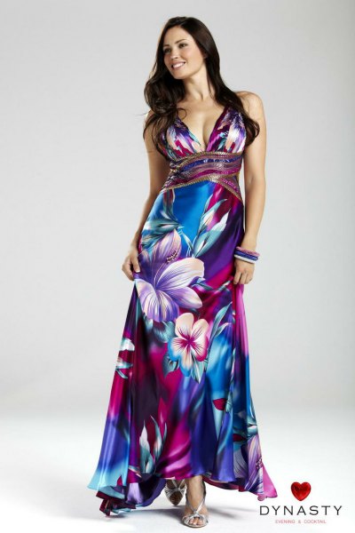 blue and white floral printed Hawaiian wedding dress with deep V neckline