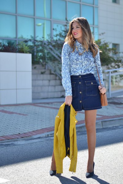 blue and white shirt with floral pattern and dark blue denim mini skirt