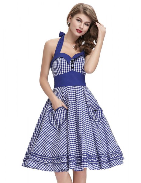 blue and white halterneck fit and flared dress with sweetheart neckline