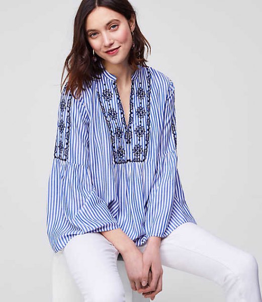 blue and white pinstripe shirt in boho style