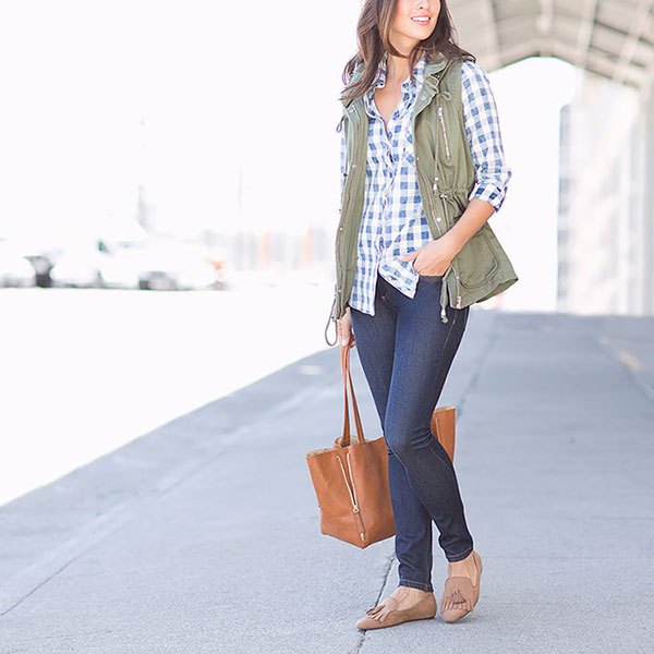 blue and white checked shirt skinny jeans