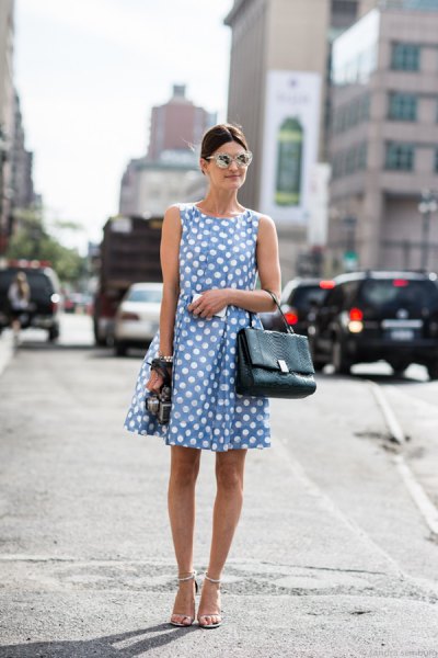 blue and white polka dot mini dress