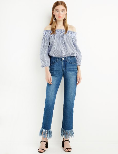 blue and white striped shoulder blouse with fringed hem jeans