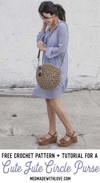 blue and white vertical striped mini shift dress with a cute round purse made of straw