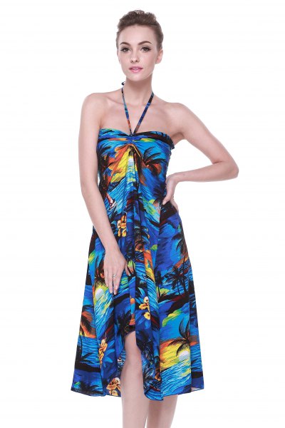 Blue and yellow printed fit and flared midi dress with pleats