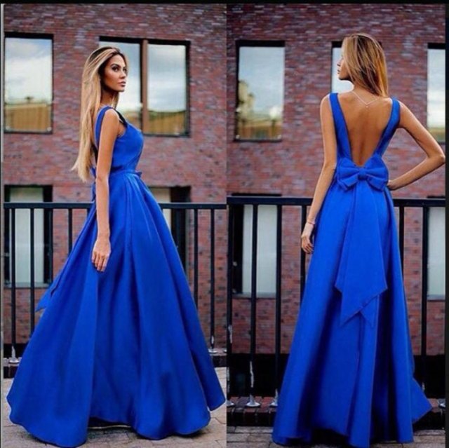 blue backless floor length flared dress