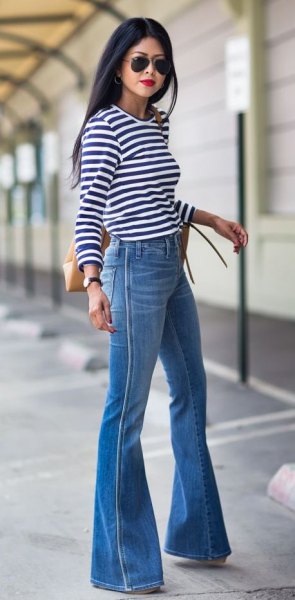 blue striped jeans with long sleeves