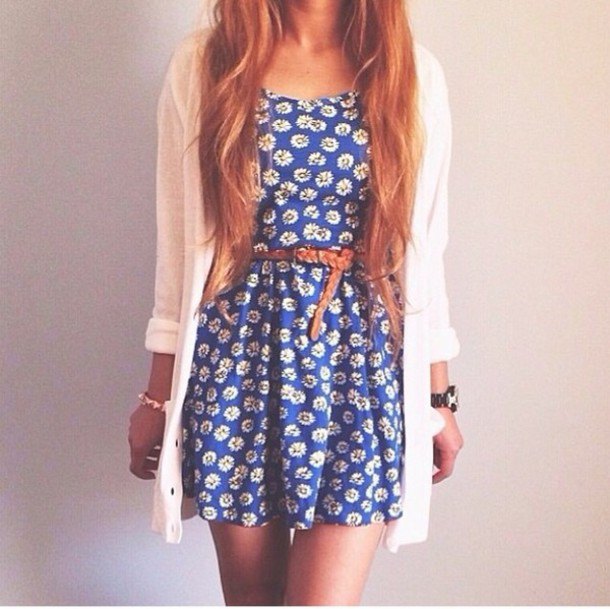 Flower dress with blue belt and white cardigan