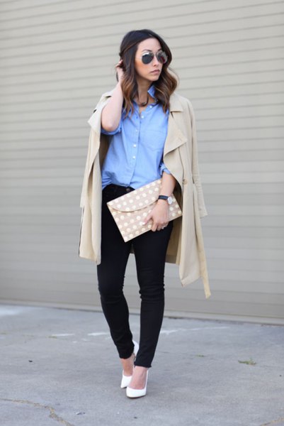 blue shirt with buttons and light pink longline blazer