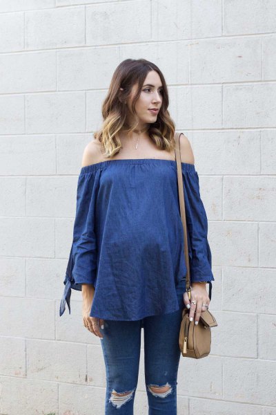 blue chambray from the shoulder blouse with ripped maternity jeans