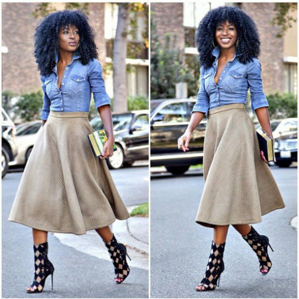 Blue chambray shirt with a red, flared midi skirt and checked, open toe heels