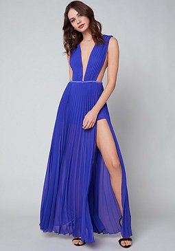 blue dress with deep V-neckline and double slit