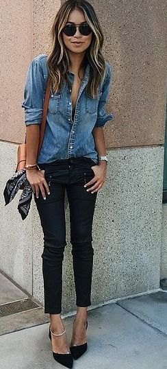 blue denim shirt with buttons and black skinny jeans