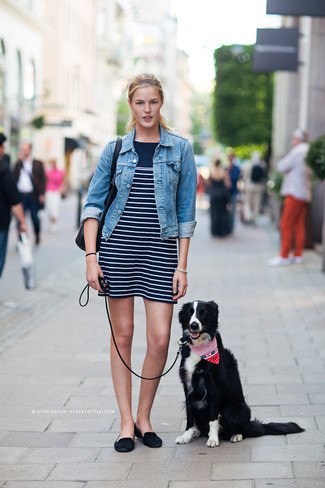 blue denim jacket with black and white striped mini dress and backless suede low shoes