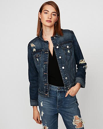 blue denim jacket with black shirt with buttons