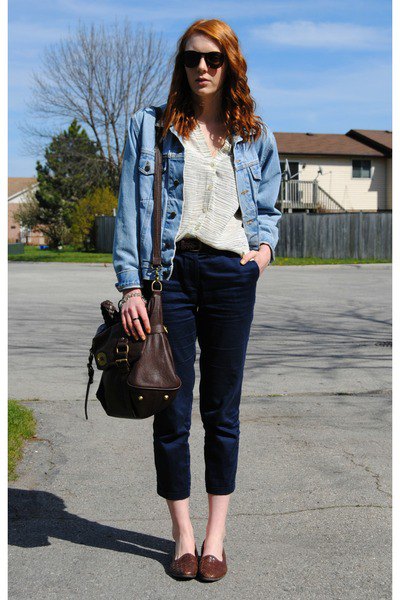 blue denim jacket with black, narrow jeans and brown leather shoes