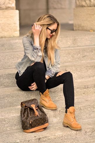 blue denim jacket with black jeans and light brown leather shoes