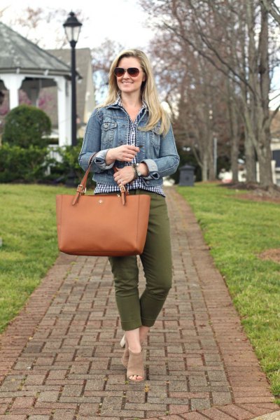 blue denim jacket with checked blouse and shortened green trousers