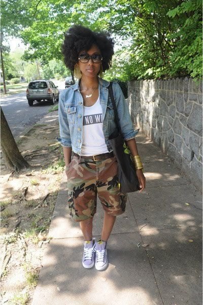 blue denim jacket with knee-length camo shorts with cuffs